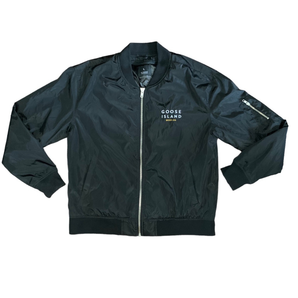 BOMBER JACKET GOOSE ISLAND‎ BEER CO Black Full Zip Jacket Coat Men Large